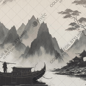 Tranquil Oriental Landscape Wallpaper – Misty Mountains & Fisherman Scene